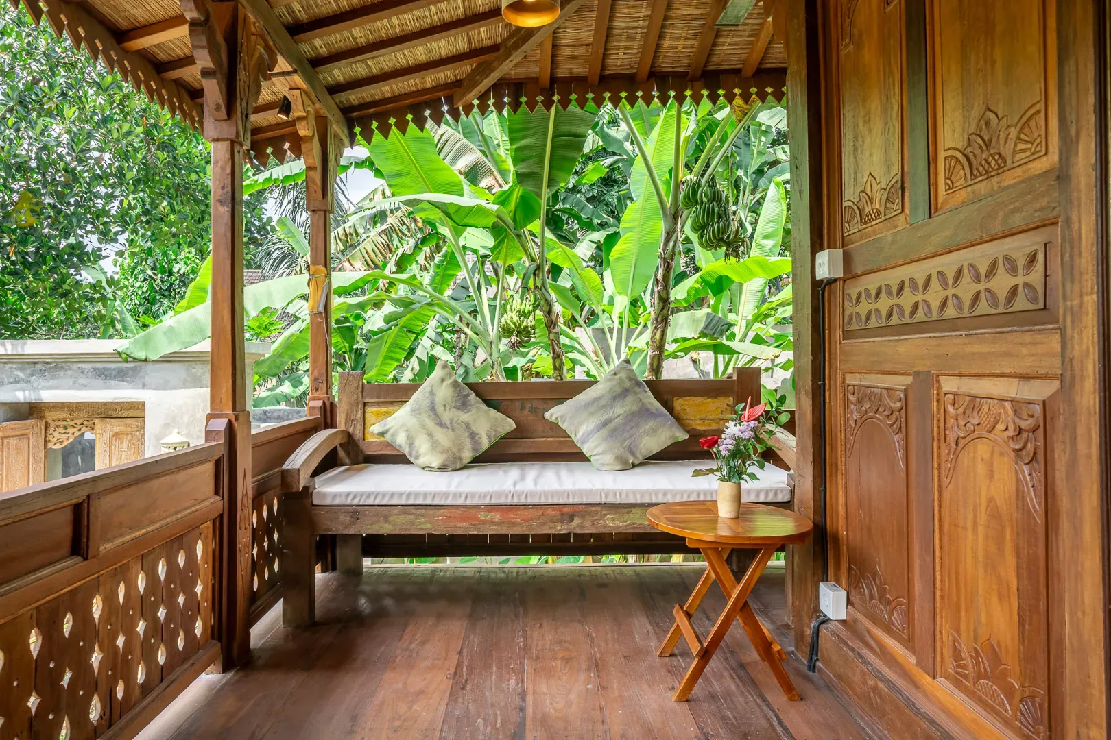 Saughina Ubud balcony view overlooking jungle and Ubud town